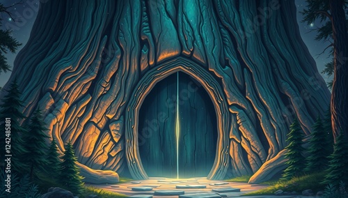 Giant Tree-Born Door with Luminous Runes, Leading to a Sentient Woodland World – An ancient gateway of bark and glowing sigils, revealing a land where trees move, breathe, and reshape with the wind