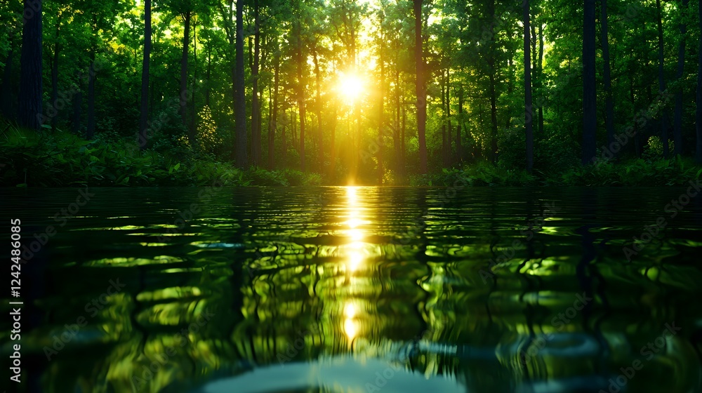 Obraz premium Golden Sunset Reflecting on Calm Forest River