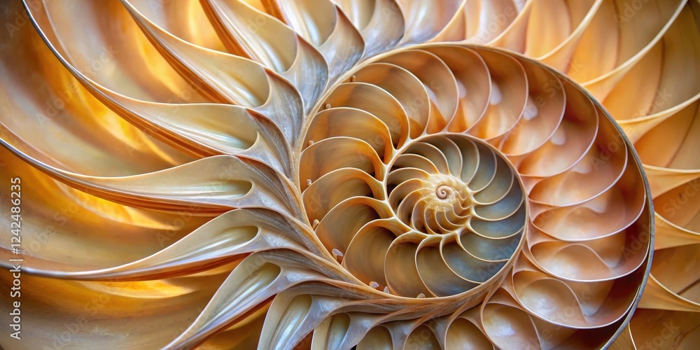 Intricate spiral patterns of a nautilus shell with shades of brown and cream colors, close up, nature Intricate spiral patterns of a nautilus shell with shades of brown and cream colors, close up, nature
