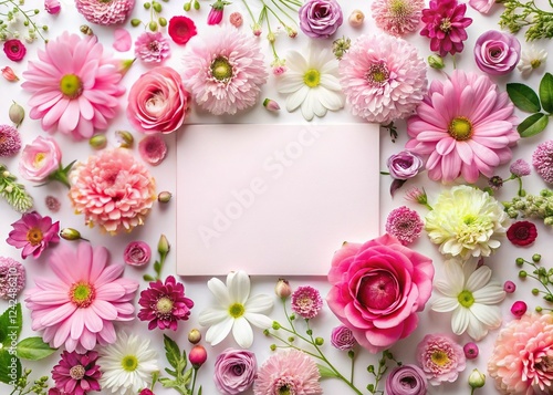 Pink Floral Frame Background: Spring Blossom Flatlay with Copy Space for Greeting Card or Postcard Design