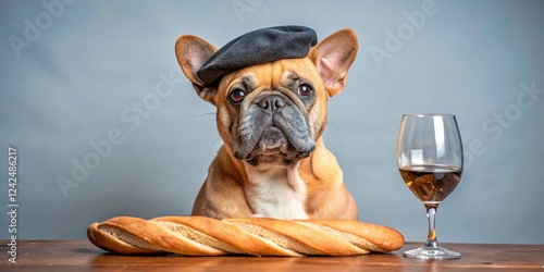 French Bulldog in beret holding a wine glass and sitting next to a baguette, wine lover, canine photo