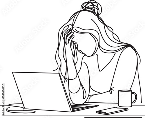 Line Drawing of Frustrated Woman with Computer