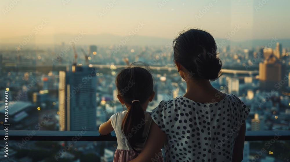 Fototapeta premium A mother and daughter enjoying a scenic city view together