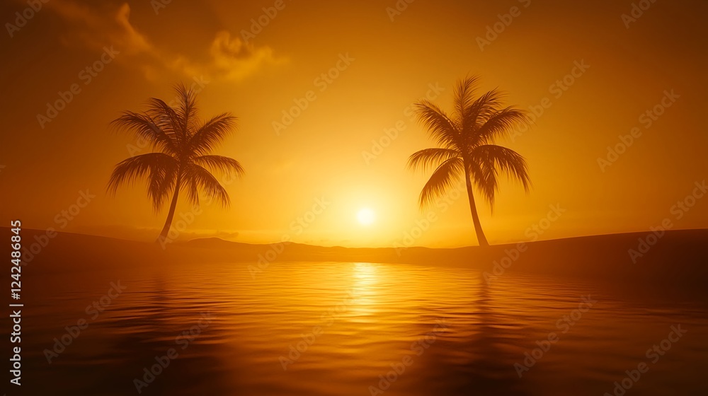 Golden Sunset Silhouette Palm Trees Tropical Beach Golden Sunset Silhouette Palm Trees Tropical Beach