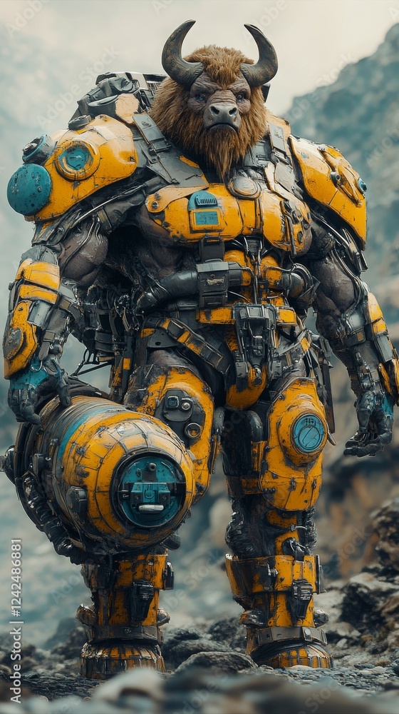 A robotic figure with a bison head in a futuristic suit stands in a rugged landscape.