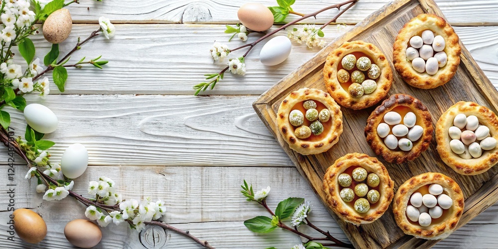Rustic White Wooden Easter Background with Mazurek Cakes & Quail Eggs - Top View Rustic White Wooden Easter Background with Mazurek Cakes & Quail Eggs - Top View