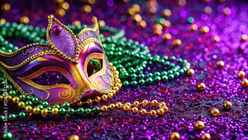Obraz premium Colorful Mardi Gras mask and beads scattered on a festive purple carpet, celebration, decorations, celebration