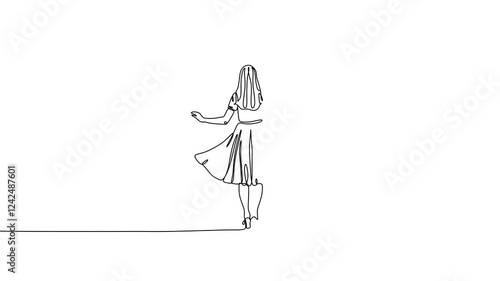 Continuous one line drawing animation of beauty girl with gown standing. Concept of woman self love, fashion. Animation video