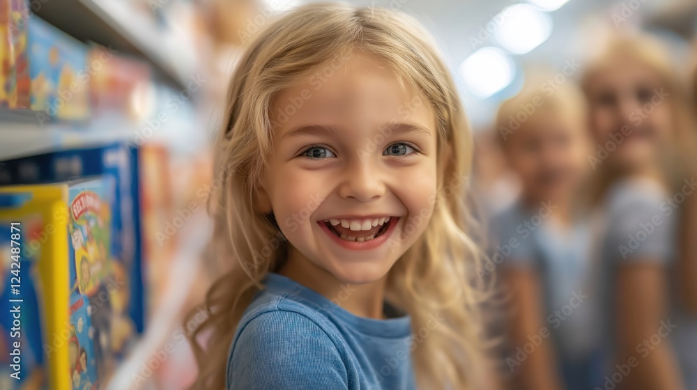 Excited girl smiling in toy section
Excited girl smiling in toy section