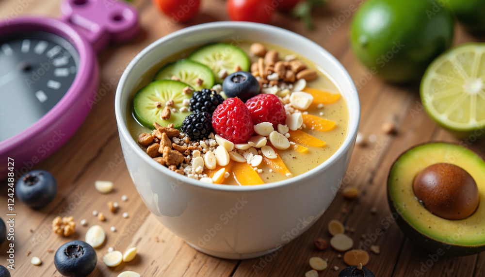Healthy smoothie bowl with fruits and granola on wooden table Healthy smoothie bowl with fruits and granola on wooden table
