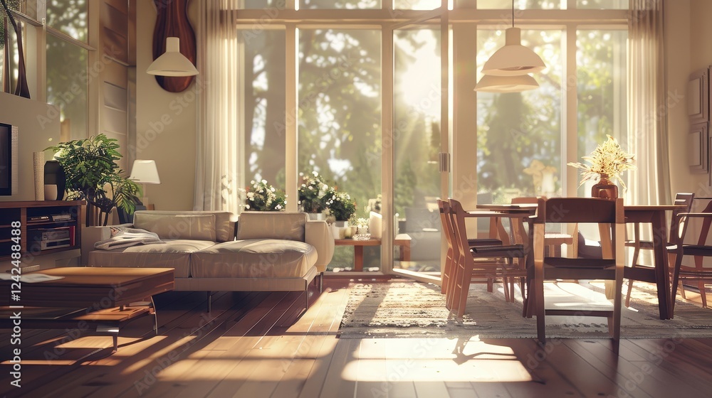 Bright Pastel Living Room with Inviting Dining Area and Large Windows Bright Pastel Living Room with Inviting Dining Area and Large Windows