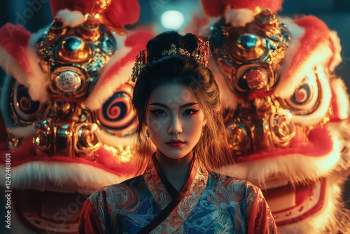 A woman dressed in Hanfu stands next to the glowing Chinese lion dance, creating an ancient-style background with a symmetrical composition and dramatic lighting. 