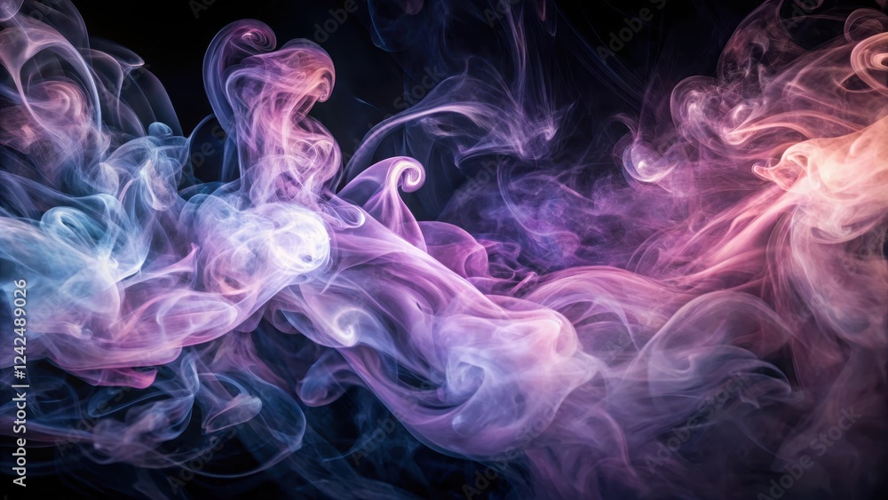 Fototapeta premium Dense abstract smoke swirls in soft pink and lavender hues on a sleek black canvas, evoking an ethereal atmosphere of mystery and wonder, dreamy atmosphere, swirling patterns