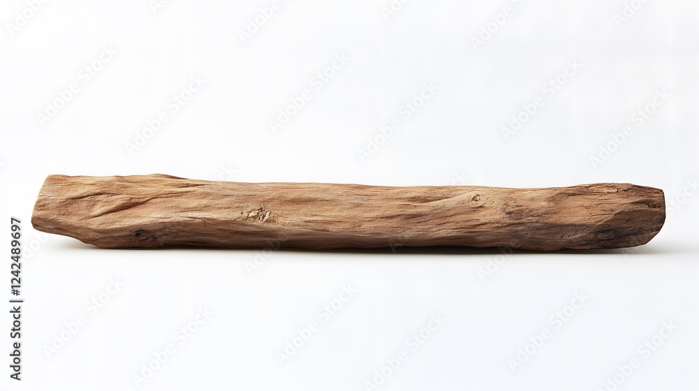 A weathered brown wood log rests on a white background