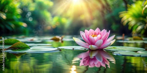 A delicate heart-shaped flower floats gently above a serene lake surface, surrounded by lush greenery and vibrant water lilies