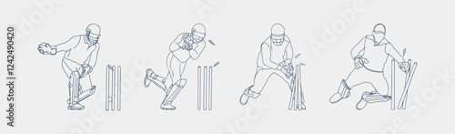 Dynamic Cricket Sport, One Line Drawing of Cricketer in Action. Wicket keeper vector line drawing illustration. hand drawn continuous one line cartoon doodle sketch drawing clip art of cricketer. 
