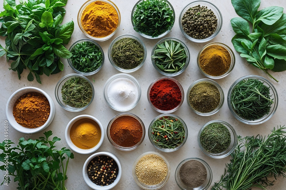Aerial View of Colorful Herbs and Spices on Clean Surface for Healthy Meals and Wellness Aerial View of Colorful Herbs and Spices on Clean Surface for Healthy Meals and Wellness