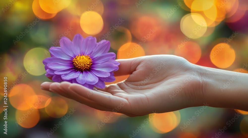 An adult hand holding a purple flower on an artistic bokeh visualization advocating for mental health support networks community connection awareness campaigns family love enhancing lives An adult hand holding a purple flower on an artistic bokeh visualization advocating for mental health support networks community connection awareness campaigns family love enhancing lives