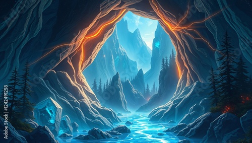 Reality-Tearing Portal with Glowing Runes, Revealing an Endless Alien Realm – A rift in space lined with bleeding light runes, opening into an infinite world of crystalline forests and glass rivers