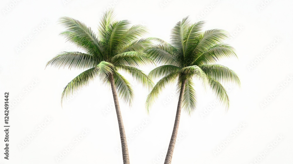 Two coconut palms, tropical scene, white background, summer vacation Two coconut palms, tropical scene, white background, summer vacation
