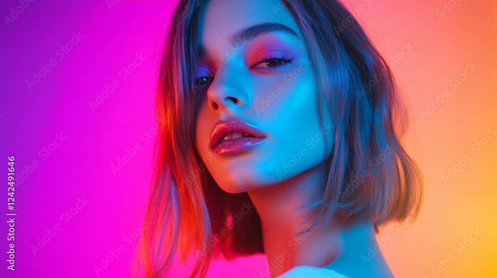 Avant-garde fashion model in dynamic hues posing in studio portrait of a beautiful charming girl with trendy makeup on colorful background Avant-garde fashion model in dynamic hues posing in studio portrait of a beautiful charming girl with trendy makeup on colorful background
