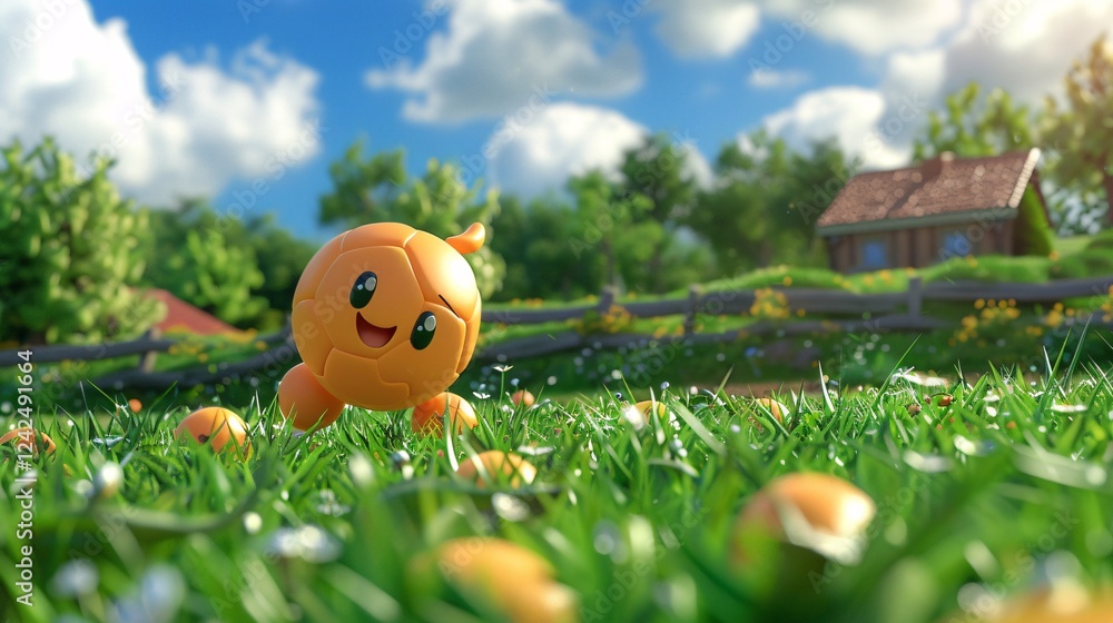 3D cartoon peach playing soccer on a grassy field 3D cartoon peach playing soccer on a grassy field