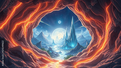 Dimensional Tear Gateway, Pulsing with Light Runes, Leading to a Surreal Alien World – A glowing fracture in reality, surrounded by runes that bleed light, unveiling a vast landscape of crystal trees