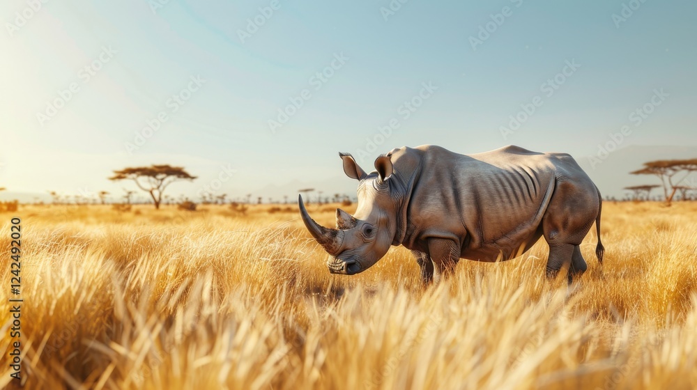 Fototapeta premium Majestic Rhinoceros Roaming Under the African Savanna Sky