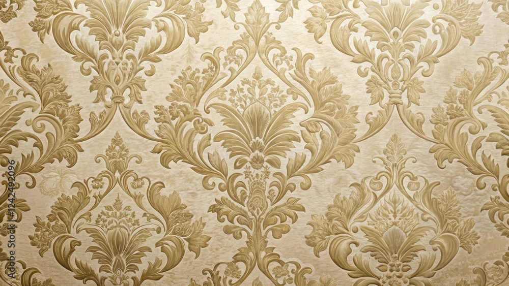 A close-up shot of a textured, embossed damask wallpaper with intricate floral and geometric patterns in shades of beige A close-up shot of a textured, embossed damask wallpaper with intricate floral and geometric patterns in shades of beige