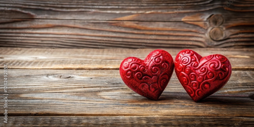 A pair of two red hearts resting on a wooden surface with intricate grain texture, romantic decor, valentines day decor