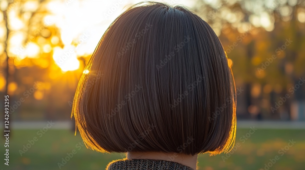 A person with a long bob haircut showcasing the layers and texture during sunset A person with a long bob haircut showcasing the layers and texture during sunset