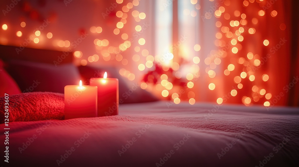 Blurred background of romantic bedroom with vibrant crimson and gold bokehs, glowing soft lights, romantic valentine's day cinematic background with copy space. Blurred background of romantic bedroom with vibrant crimson and gold bokehs, glowing soft lights, romantic valentine's day cinematic background with copy space.