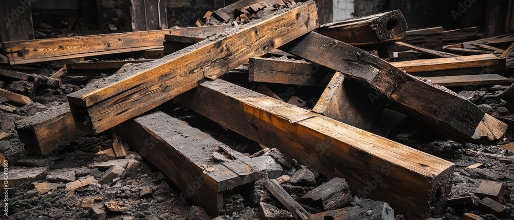 A pile of wooden beams and rubble showcasing industrial materials in an abandoned warehouse context A pile of wooden beams and rubble showcasing industrial materials in an abandoned warehouse context