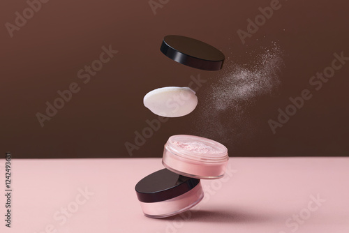 Floating Makeup Powder and Puff in Brown Background photo