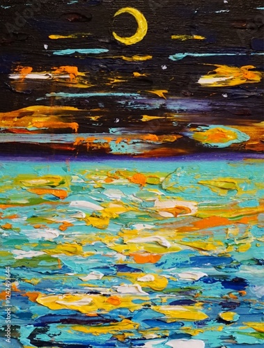 A month in the sky. Oil painting. Art.