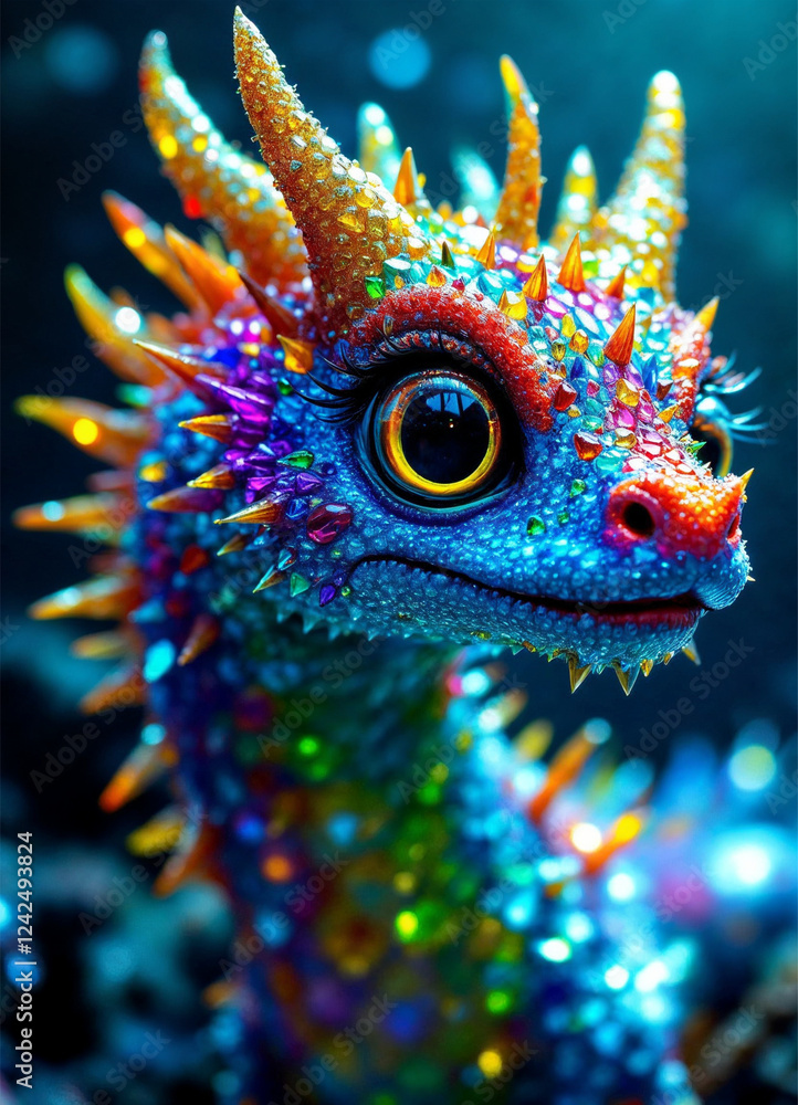 Obraz premium Close-up of a glowing bioluminescent dragon with intricate neon-colored scales, set in a fantasy realm with a mystical aura.