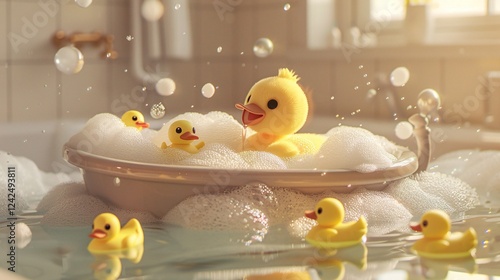 Peach character enjoying a bubble bath with rubber duckies photo