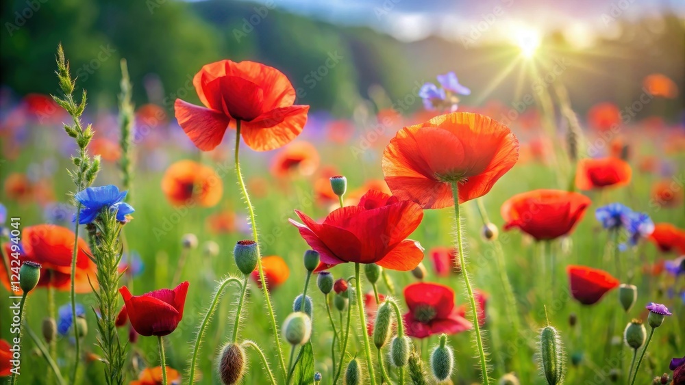 Fototapeta premium Vibrant red poppies sway gently in the summer breeze amidst lush green grasses and wildflowers in a picturesque meadow