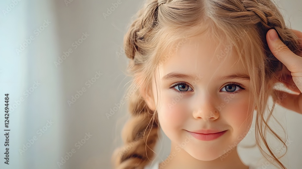 Close up Portrait of a Smiling Young Girl with Braided Blonde Hair Being Styled by Gentle Caring Hands in a Soft Natural Lighting Setting Capturing a Tender Moment of Nurturing and Affection Close up Portrait of a Smiling Young Girl with Braided Blonde Hair Being Styled by Gentle Caring Hands in a Soft Natural Lighting Setting Capturing a Tender Moment of Nurturing and Affection