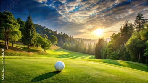 A golf ball rolling down a lush green overgreen hillside with tall trees surrounding it, creating a serene atmosphere , outdoor photo