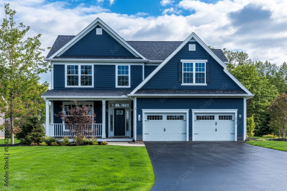 Blue Suburban House, Driveway, Green Lawn, Trees, Sunny Day, Real Estate Listing Blue Suburban House, Driveway, Green Lawn, Trees, Sunny Day, Real Estate Listing