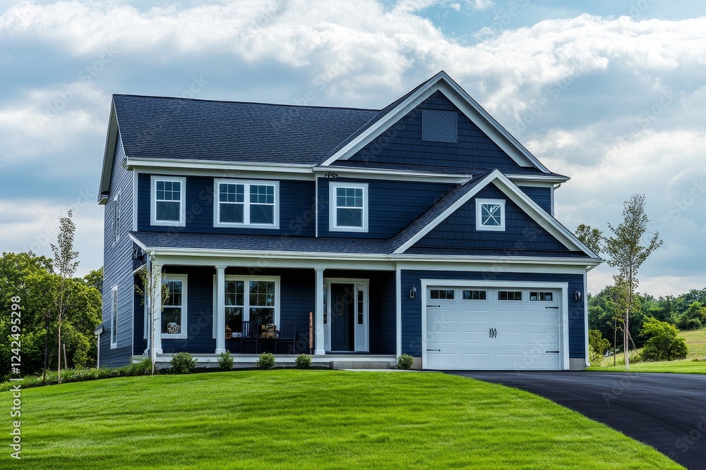 Suburban blue house, landscaped yard, sunny day, rural background, real estate Suburban blue house, landscaped yard, sunny day, rural background, real estate