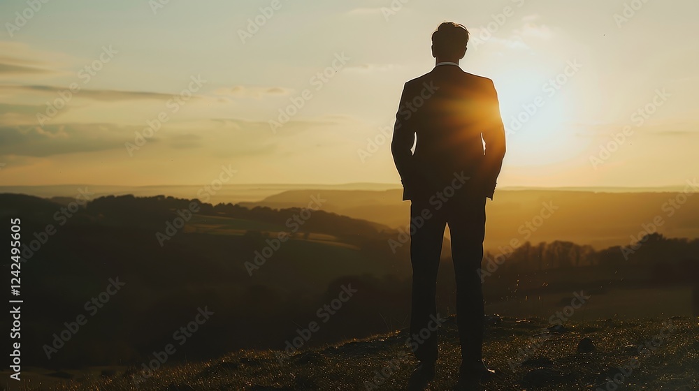 Silhouette of a man in a suit on a hill at sunset Silhouette of a man in a suit on a hill at sunset