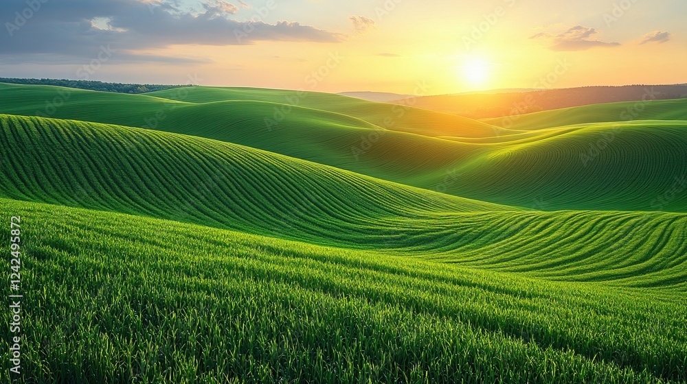 Obraz premium Rolling green hills at sunset, rural landscape (5)