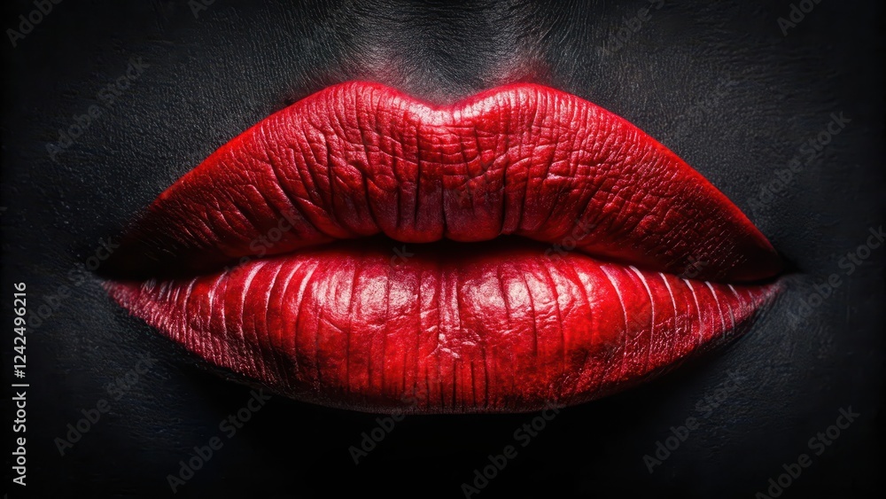 A red lipstick with a bold kiss mark on a black background, surrounded by subtle texture and shading for depth A red lipstick with a bold kiss mark on a black background, surrounded by subtle texture and shading for depth