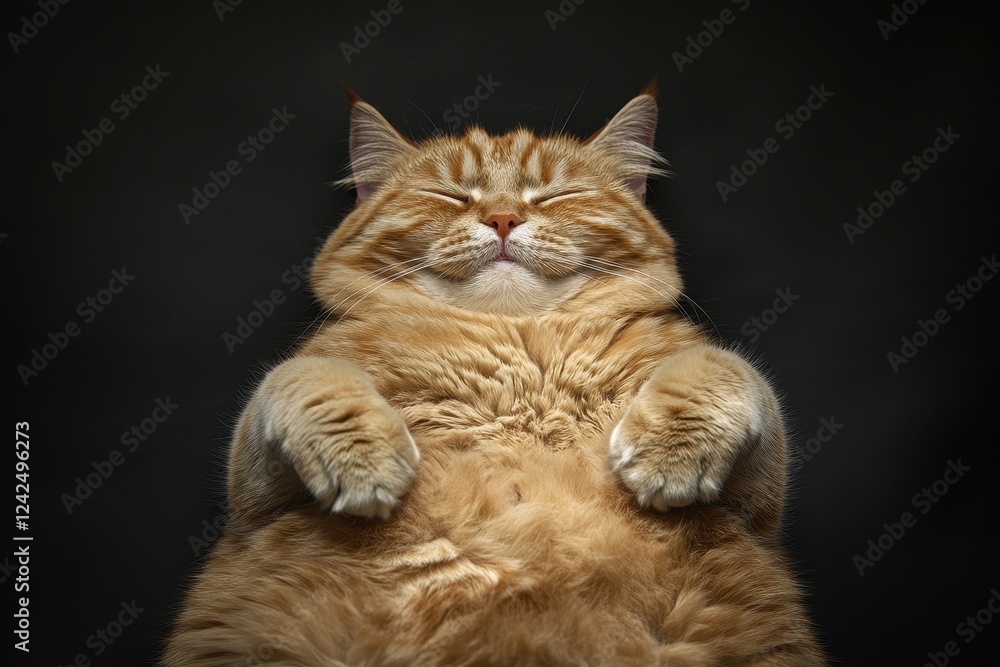 Fototapeta premium Fluffy ginger cat sleeps soundly, paws tucked. Perfect for pet, comfort, or relaxation themes.