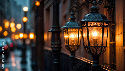 A nighttime street scene shows blurred lights. Dark, ornate gas lamps are in focus