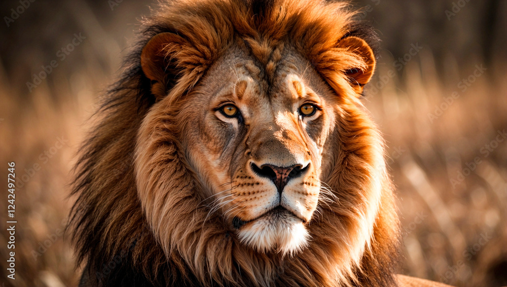 close-up portrait of a majestic male lion. Its thick, golden mane frames a face with focused, amber eyes. close-up portrait of a majestic male lion. Its thick, golden mane frames a face with focused, amber eyes.