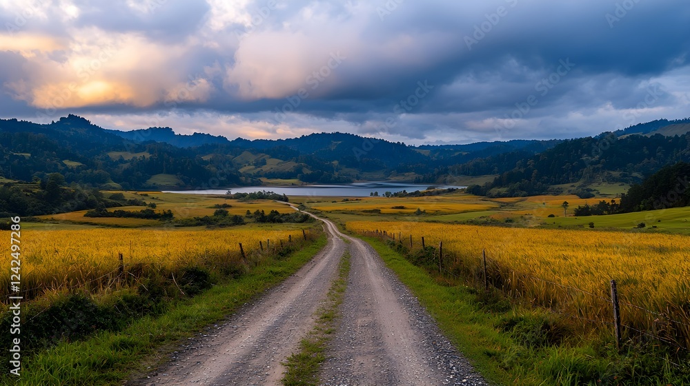 Gravel Road Through Yellow Field Towards Mountains at Gravel Road Through Yellow Field Towards Mountains at