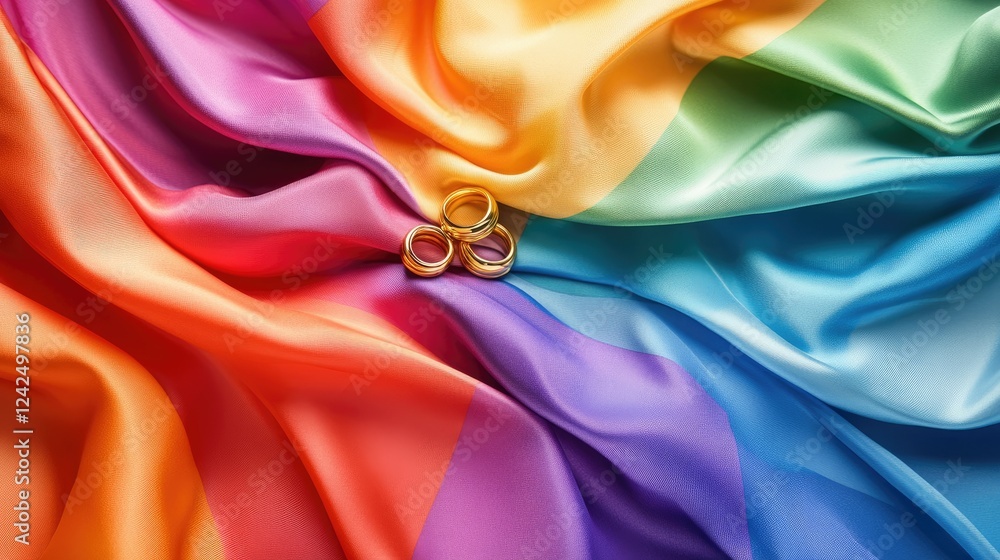 A close-up shot of gold rings atop the vibrant folds of a rainbow flag in celebration of love A close-up shot of gold rings atop the vibrant folds of a rainbow flag in celebration of love